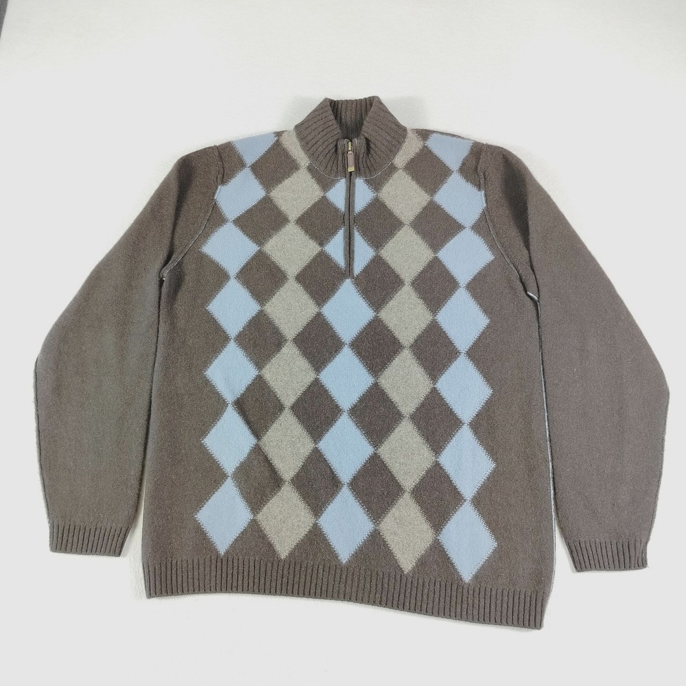 Transcript Sweater Mens Large Argyle Cashmere Half Zip Pullover Cabincore Cozy‎